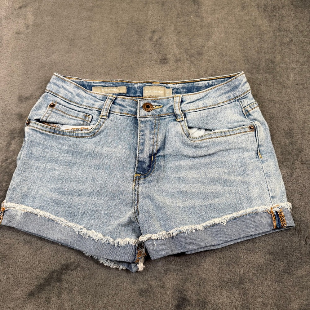 Lucky Brand Riley Short Denim Kids 14 Blue Raw Hem Frayed Stretch